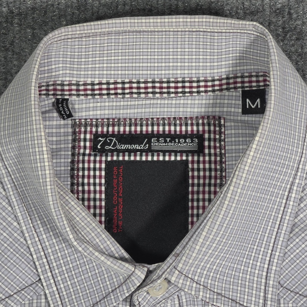 7 Diamonds Mens Grey Micro Check Western Button Down Shirt Med Embroidered Yoke - Picture 2 of 10